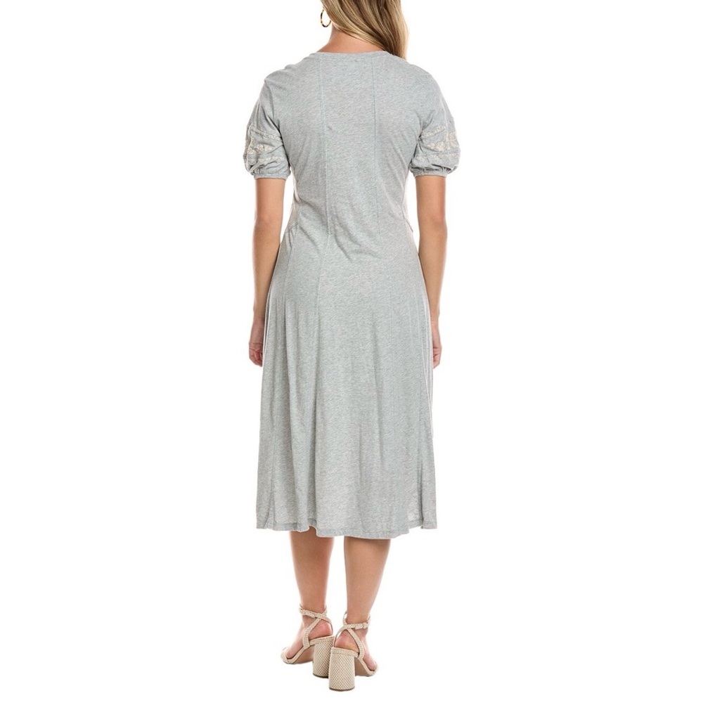 Johnny Was Gray Seamed Knit Midi Dress Embroidered Puff Sleeve M NWT - Picture 2 of 7